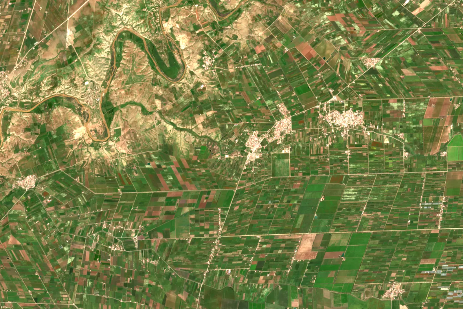 An irrigated plain and the river that crosses it, seen by satellite.
